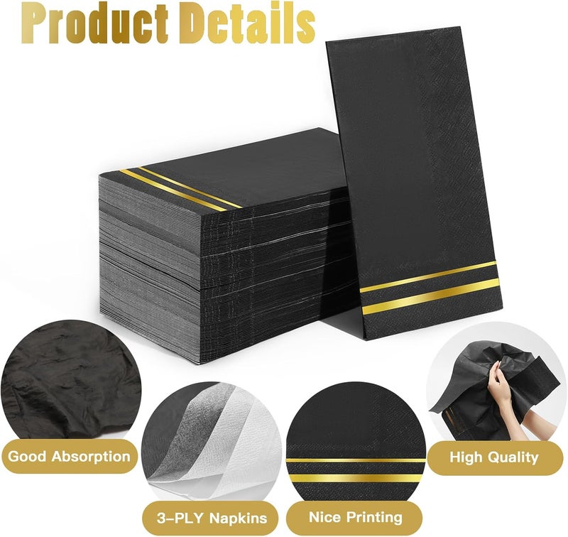 Tamone 100PCS 3-Ply Black Paper Napkins - Black and Gold Napkins Disposable - Premium Quality Black Napkins Soft and Absorbent for New Year, Wedding and Birthday - Image 3